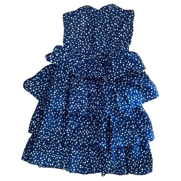 Vintage 80s Diamonds Run Blue Polkadot Tiered Cupcake Dress Strapless Sweetheart - Picture 1 of 5